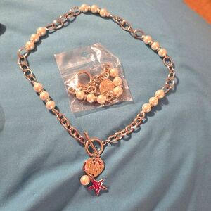 Simulated Pearl, Enameled Nugget and Star Charm Necklace and Bracelet Set